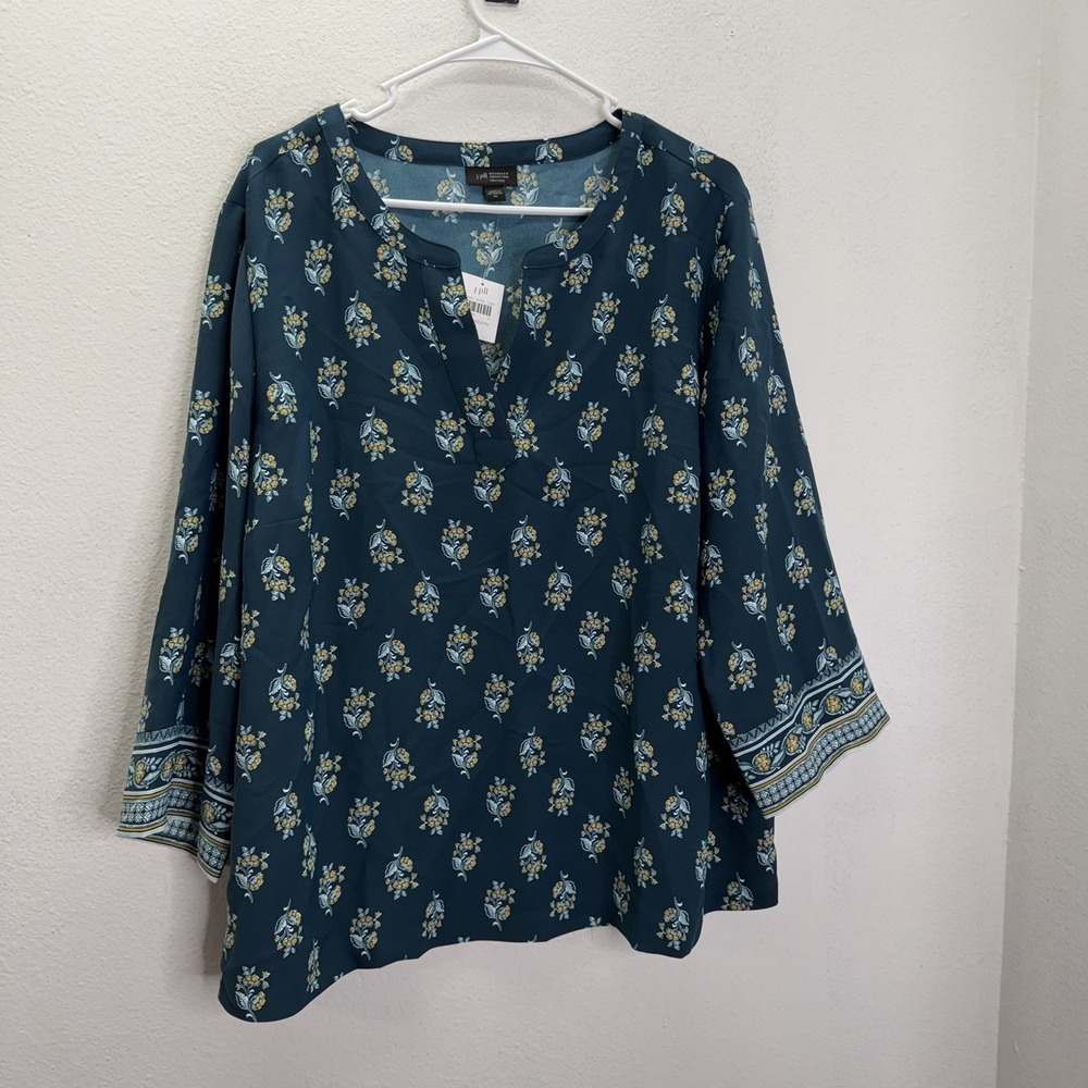 J. Jill Wearever Teal Floral Tunic Top XL Easy Care 3/4 Sleeves NWT chiffon Boho